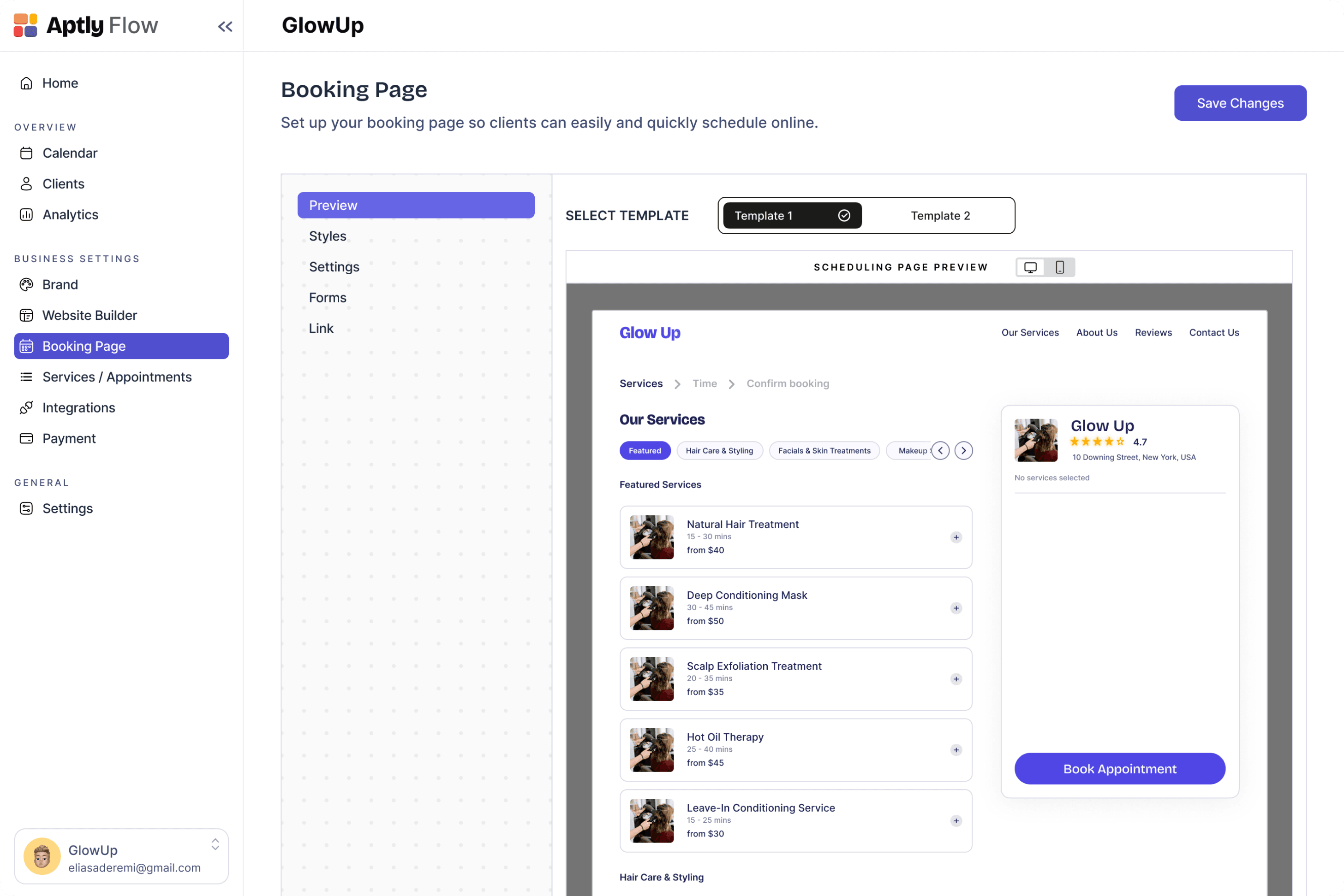 Booking Page Dashboard View